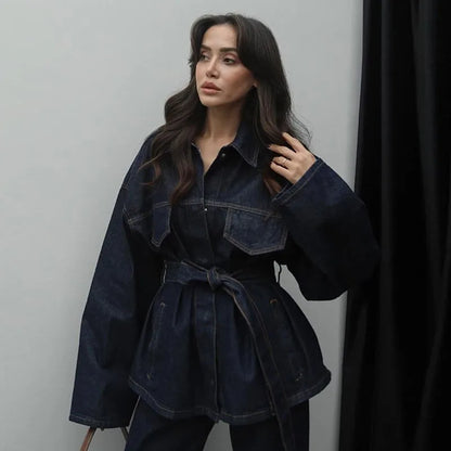 Women Two Pieces Set Denim Pant Sets Single Breasted Long Sleeve Belt Coat Wide Leg Trousers Jeans Female 2 Pieces Outfits