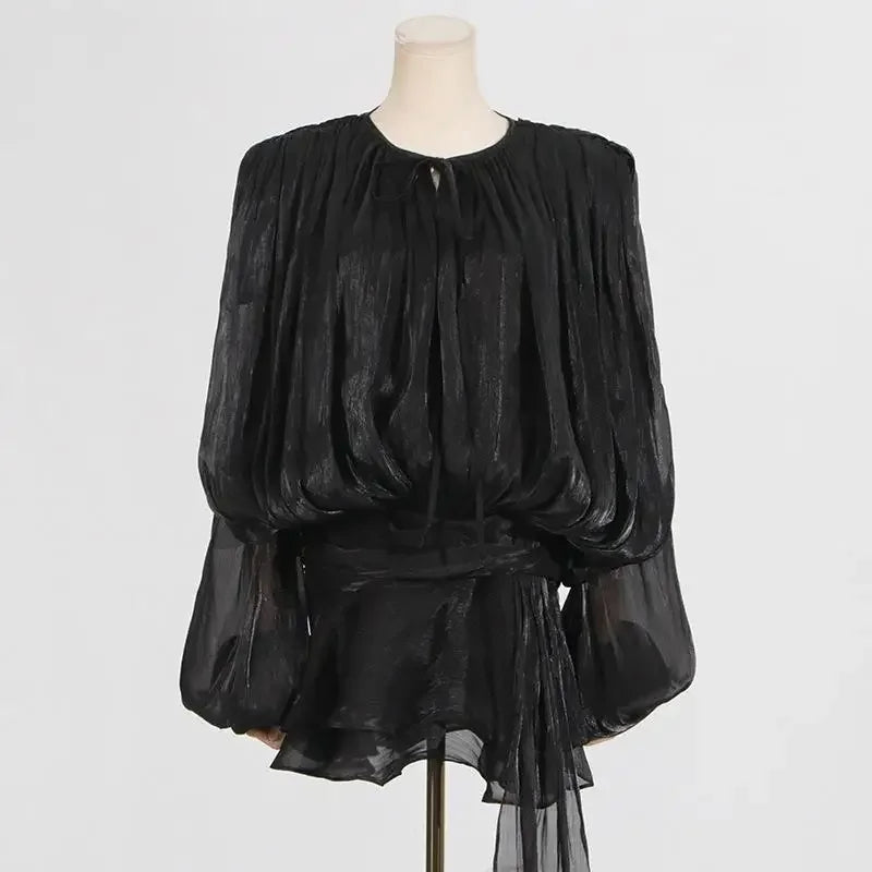 Elegant Ruffles Shiny Mini Dresses Fashion Solid Long Sleeve Lace Up V Neck Pleated Dress New Summer Party Women's Vestidos 2025