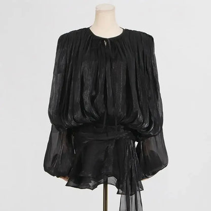 Elegant Ruffles Shiny Mini Dresses Fashion Solid Long Sleeve Lace Up V Neck Pleated Dress New Summer Party Women's Vestidos 2025