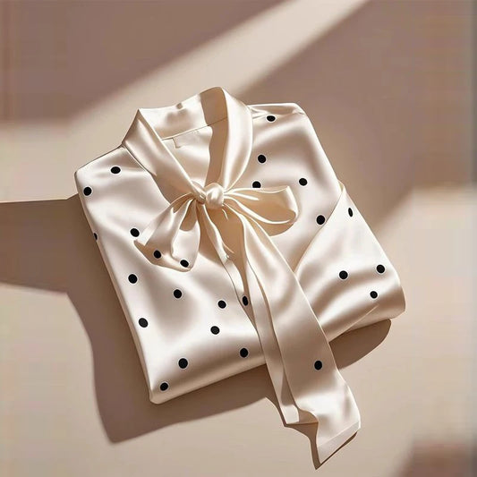 Women High Quality Satin Polka Dot Print Shirt Office Lady Business Casual Elegant Chic Blouse Lace-up Bow Long Sleeve Loose Top
