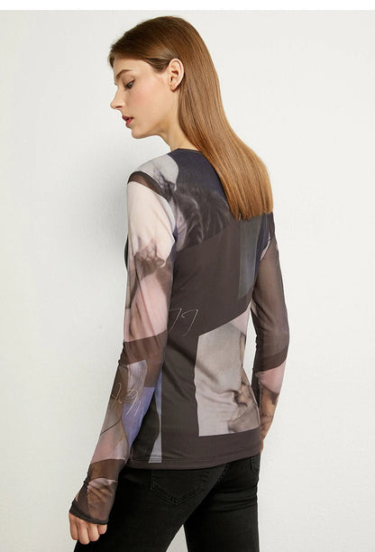 AMII Minimalism Long sleeve T-shirts for Women 2025 Spring New Bottoming Shirt Mesh Printing Inside Slim Trendy Tops 12421003