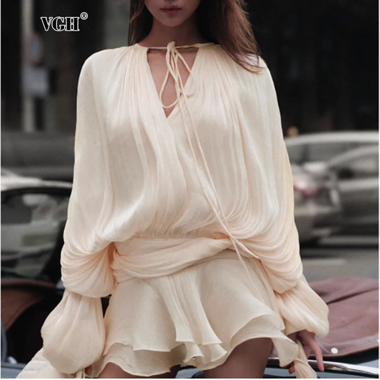 VGH Streetwear Temperament Dresses For Women Round Neck Long Sleeve High Wiast Soild Slimming Mini Dress Female Fashion Clothing
