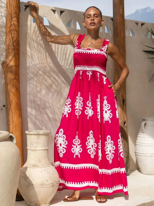 2025 Summer Fashion New Women's Bohemian Style Dress Beach Vacation Printed Strap Fold A-line Length Dress