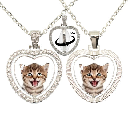 Lovely Little Cat Glass Cabochon 360 Degree Rotating Heart Shaped Pendant With Double-Sided Necklace For Girls' Birthday Gift Je