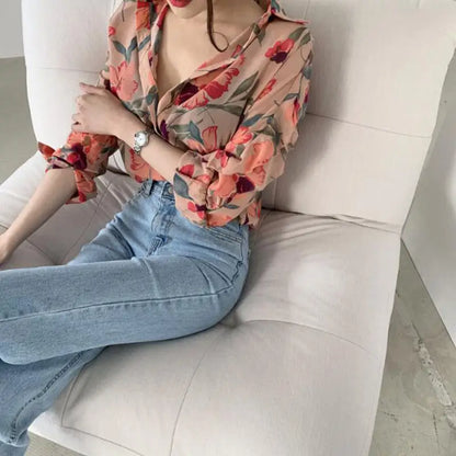 1pc Spring Fall Casual Chiffon Floral Print Sleeve Lapel Button-up Vintage Elegant Transparent Thin Slim Fit Blouses
