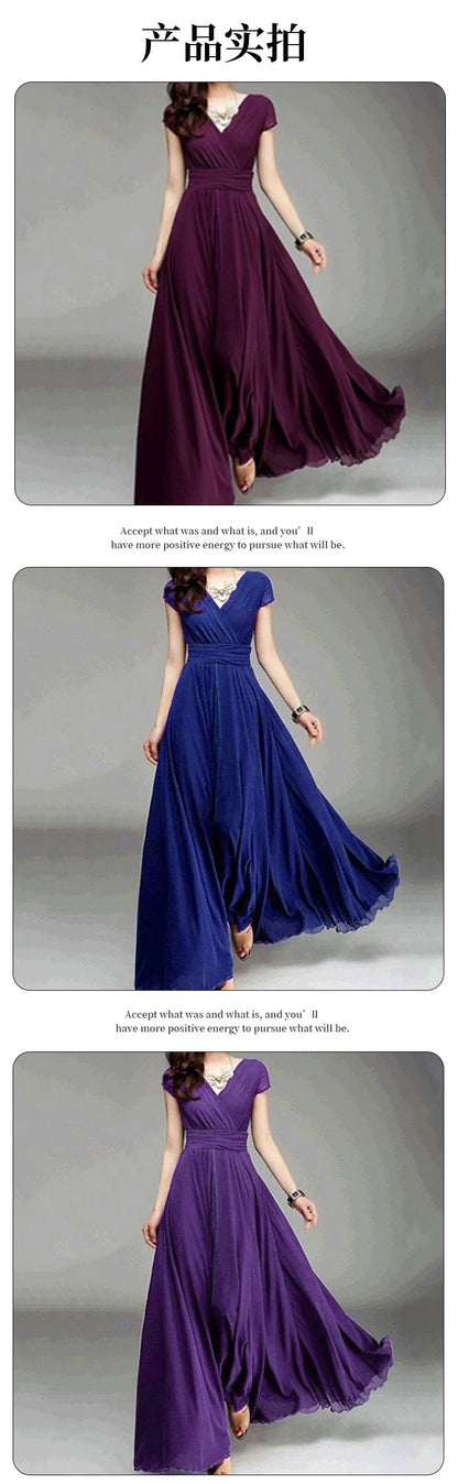 Women's Short-Sleeved Chiffon Evening Dress, Female Party Dress, Monochromatic, Bohemian, Long, Elegant, New, 2022