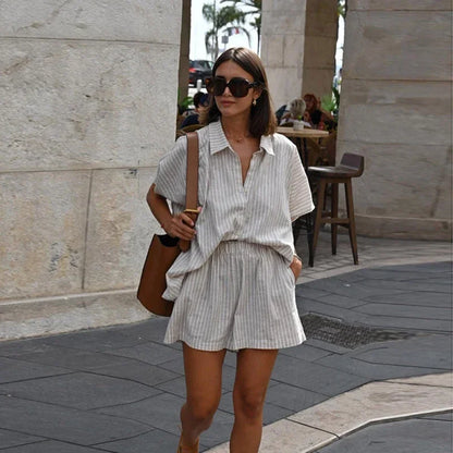 Women Fashion Stripe Print Lace-up Shorts Set Oversized Lapel Short Sleeve Single Breasted Shirts Suit Lady Casual Street Outfit