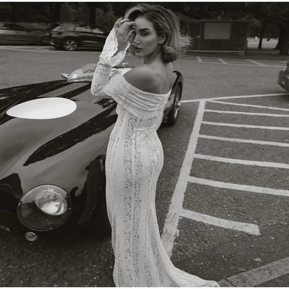 Elegant Cut Out Flared Long Sleeve Maxi Dress Women's Lace Up Hollow Out Off Shoulder Bodycon Vestidos 2025 Lady Outwear Vestido