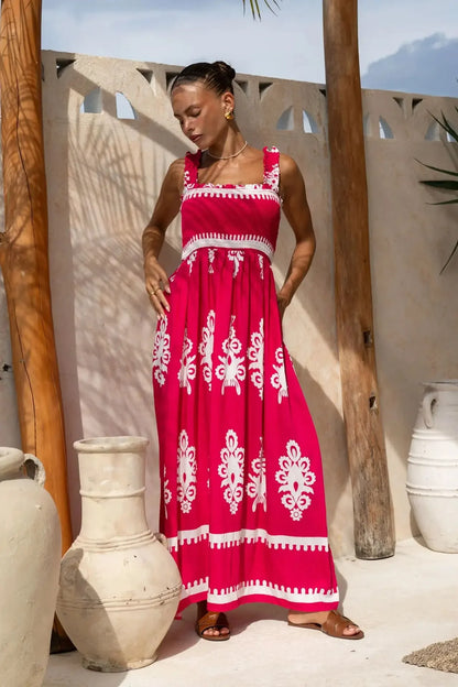 2025 Summer Fashion New Women's Bohemian Style Dress Beach Vacation Printed Strap Fold A-line Length Dress