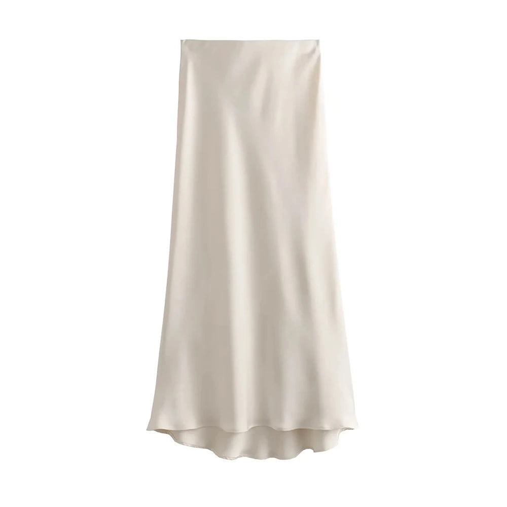 TRZA Women's Soft Touch Silk-Like Midi Skirt High Waist Elastic Waistband Chic Fashion Female Skirts Elegant Mujer