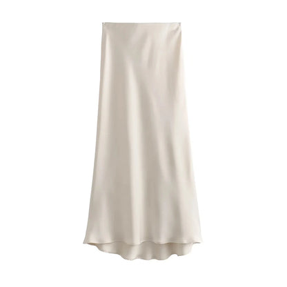 TRZA Women's Soft Touch Silk-Like Midi Skirt High Waist Elastic Waistband Chic Fashion Female Skirts Elegant Mujer