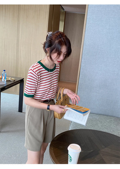 2025 Stripe Tops Women Knitted Round Collar Summer Print Short Sleeve Casual Simple Wild T-Shirt