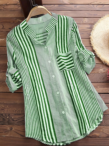 Women's Spring Fall Cotton Linen Long Sleeves Roll Up Striped Casual V Neck Button Down Shirts Blouses Collar Tunic Tops