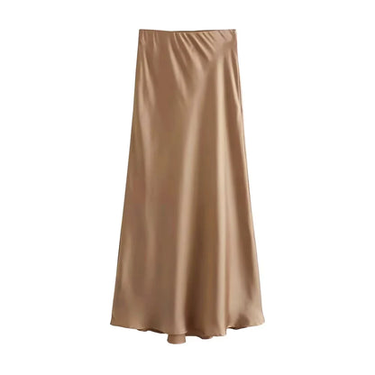TRZA Women's Soft Touch Silk-Like Midi Skirt High Waist Elastic Waistband Chic Fashion Female Skirts Elegant Mujer