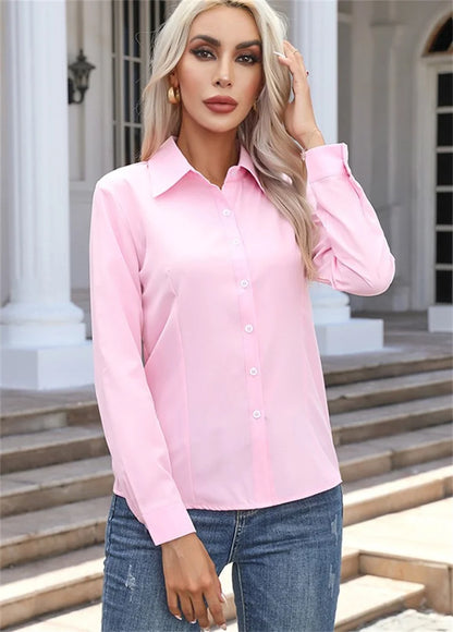 Women Spring Autumn Style Blouses Shirts Lady Casual Long Sleeve Turn-down Collar Solid Color Blouse Tops
