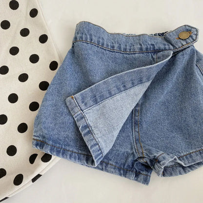 Korean Fashion New Summer Kids Girl Skirt Shorts Solid Elastic Waist Button Soft Denim Culotte Children Versatile Clothing