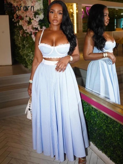Beyprern Elegant Lace Contrast Stripes Camisole &Skirt Set Two-Piece Dress Holiday Outfits Women Tie-Back Stirped Vacation Dress