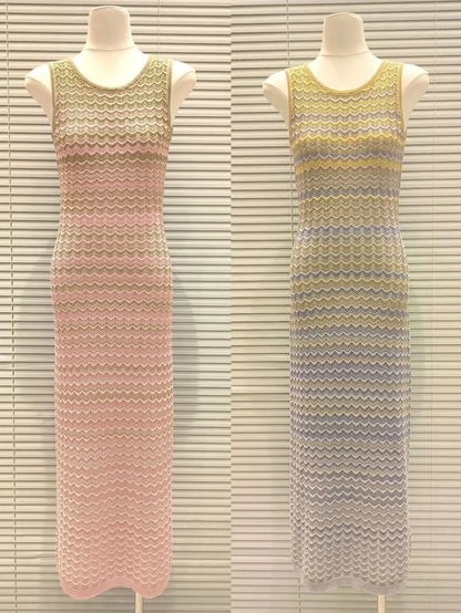CHUJIE Women's Dress 2025 Spring/Summer New Design Gradually Changes Color, Fashion Elegant Slim Fit Round Neck Sleeveless Dress