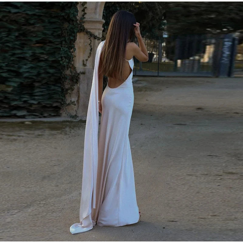 Elegant Solid Ribbon Women Halter Dress Off Shoulder Sleeveless Backless Slim Female Maxi Dresses 2025 Summer New Chic Lady Robe