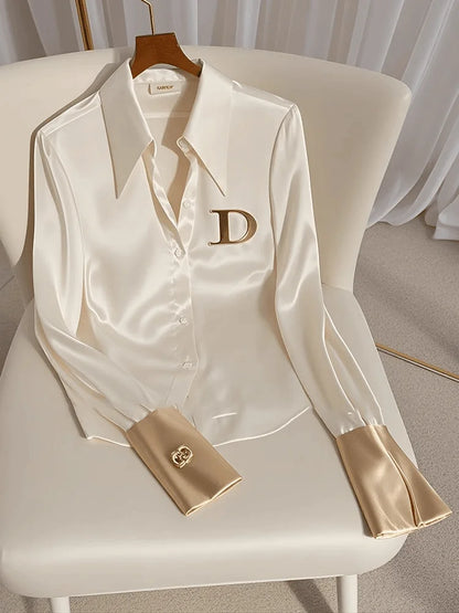 Elegant French Women's Pink/White Satin Shirt Turn-down Collar Long Sleeve Blouse Spring Autumn for Women Casual Office Lady New