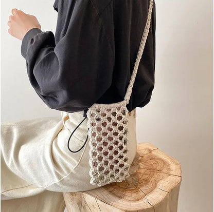 Women Fashion Small Crossbody Phone Bag Solid Color Hollow-out Woven Crochet Lightweight Braided Shoulder Handbag Crossbody Bags