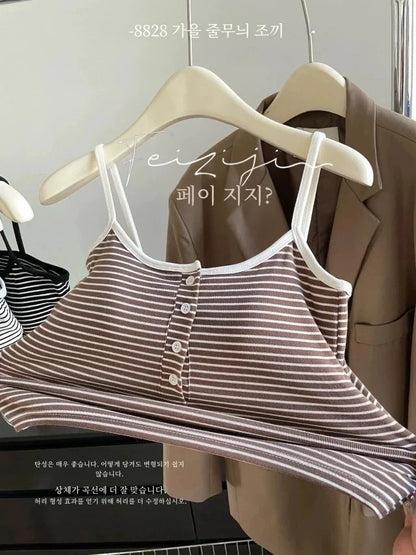 White Stripe Small Cami Women Autumn Gyaru Sexy Button Slim fit Short With Chest Pad Top NS5861