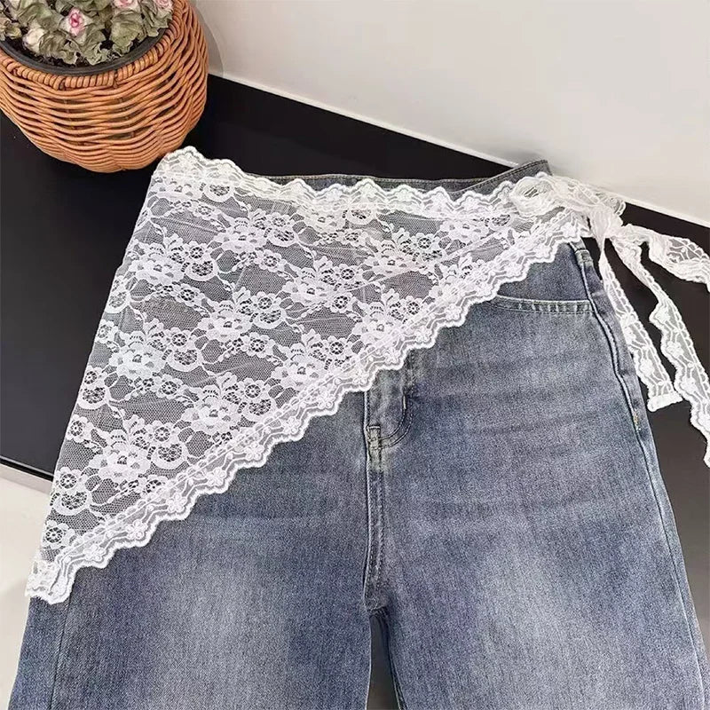 2 in 1 Triangle Short Skirt Half Skirt Butt Curtain Skirt Lace Trim Apron Soft Lace Stacked Ins Style Korean Spring Headscarf