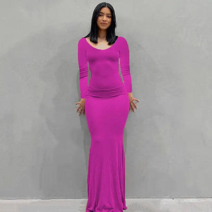 2025 Autumn Long Sleeve Dresses For Women Sexy V Neck Bodycon Solid Elegant Long Dress Y2k Skinny Trumpet Maxi Vestidos