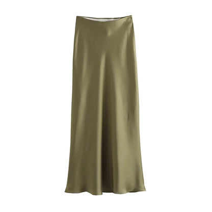TRZA Women's Soft Touch Silk-Like Midi Skirt High Waist Elastic Waistband Chic Fashion Female Skirts Elegant Mujer