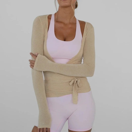 Women's Yoga Shirts Wrap Ruched Tie Front Long Sleeve Workout T Shirts Sexy Deep V Neck Slim Fit Casual Cropped Top