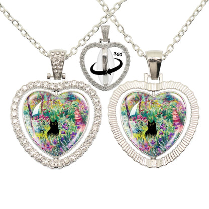 Lovely Little Cat Glass Cabochon 360 Degree Rotating Heart Shaped Pendant With Double-Sided Necklace For Girls' Birthday Gift Je