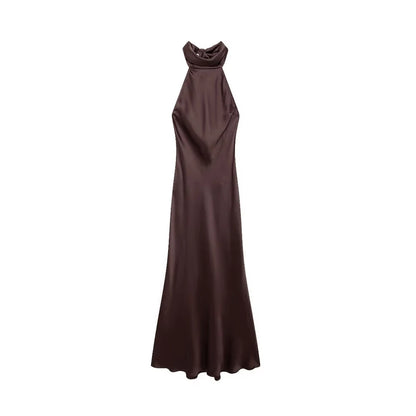 TRZA-Women's Long Satin Halter Dress, Backless, Bow Tied, Back Zipper, Female Dresses, Sexy Fashion