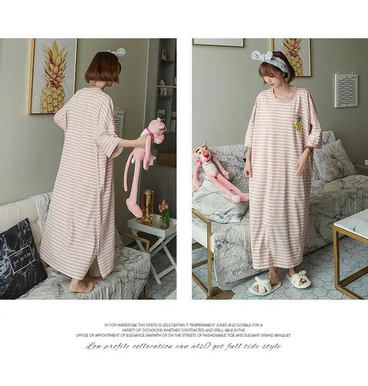 Summer Pajama Dress Female Short-Sleeved Cartoon Homewear Lengthened Plus Size Striped Student Pajamas Easy To Wash Long Clothes