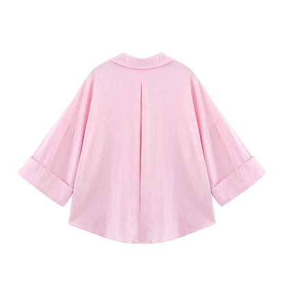 HipSeam Wide Sleeved Shirt Women Spring Asymmetric Hem Button Women's Shirts Simple Lady Johnny Collar Linen Shirts & Blouses