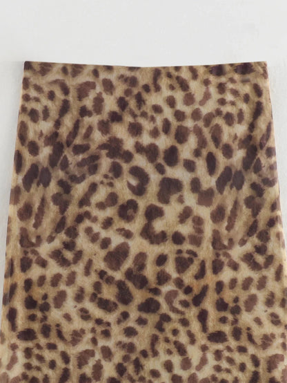 Women Leopard Tulle Midi Skirt 2024 Summer Fashion High Waist Elasticated Waistband Long Skirts Streetwear