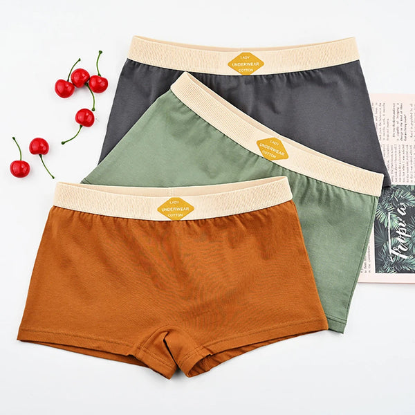 3PCS/Pack 100% Cotton Multicolor Solid Women's Boxer Knit Breathable Panties Underwear Soft High Elastic Mid-rise Thin Boyshorts