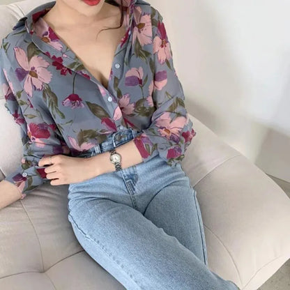 1pc Spring Fall Casual Chiffon Floral Print Sleeve Lapel Button-up Vintage Elegant Transparent Thin Slim Fit Blouses