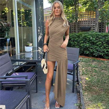 Balitops Summer Draped Ruched Sexy Mini Dress Women 2025 New Irregular High Waist Slim Fit Dress Female Elegant Club Tank Dress