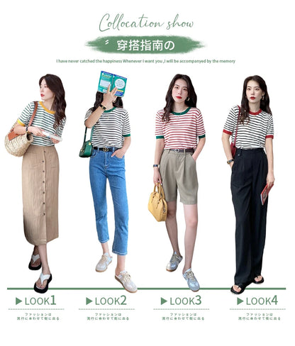 2025 Stripe Tops Women Knitted Round Collar Summer Print Short Sleeve Casual Simple Wild T-Shirt