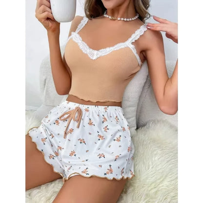 Women 2psc Pajama Set Pink Lace Patchwork V-Neck Sleepwear Sexy Nighties Suit Cami Top Printed Shorts Soft Pyjamas Loungewear