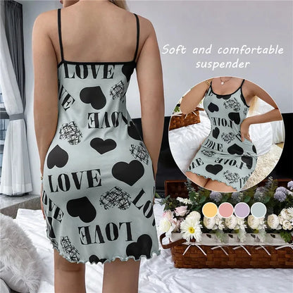 Summer New Women's Nightgown Beauty Back Thin Section Of Home Wear Sexy Halter Short Skirt Love Cartoon Cute Printing Pajamas