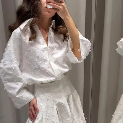 Elegant Shirt Skirt Set Women Lapel Long Sleeve Loose T-shirt High Waist Pleated Long Skirts Suits 2025 Summer Street Lady Sets