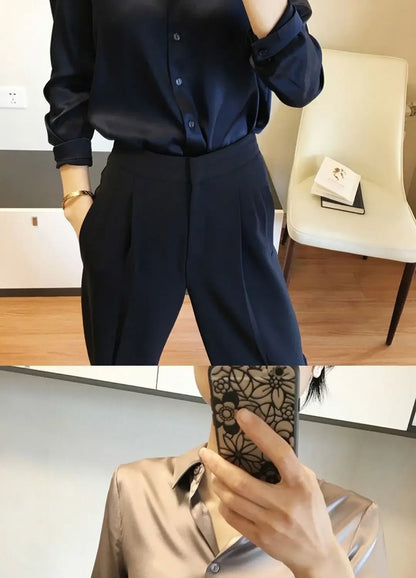 Silk Brown Clothes Wear To Work Office Outfits Long Sleeve Purple Spring Formal Tops for Women Satin Womens Shirt & Blouse Cool
