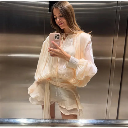 Elegant Ruffles Shiny Mini Dresses Fashion Solid Long Sleeve Lace Up V Neck Pleated Dress New Summer Party Women's Vestidos 2025