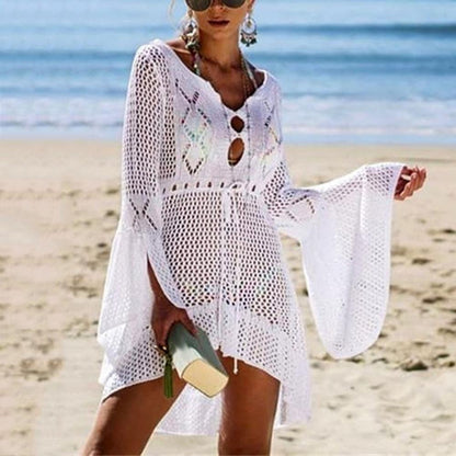 Sexy Women’s Bathing Suit Beach Cover Up Hollow Out Knitted Women Flared Sleeves Solid Color Beach Dress saida de praia
