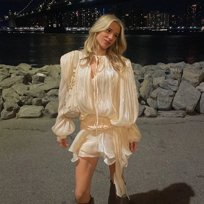 Elegant Ruffles Shiny Mini Dresses Fashion Solid Long Sleeve Lace Up V Neck Pleated Dress New Summer Party Women's Vestidos 2025