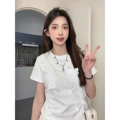 Elegant Ballet Bowknot T Shirts Round Collar Japanese Style Women Top Solid Color Short Sleeve Ribbon Crop Tank Top Women Girl