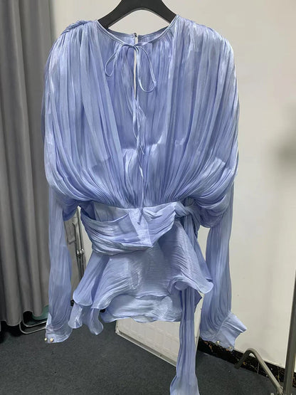 TWOTWINSTYLE Solid Blouse Mini Dresses For Women V Neck Long Sleeve Spliced Lace Up Sweet Style Dress Female Clothing Fashion