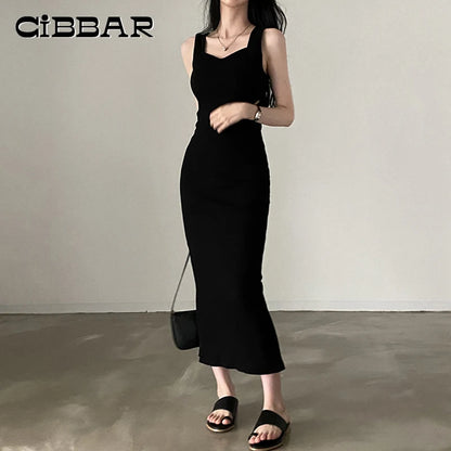 CIBBAR Basic Knit Long Dress Korean Fashion Square Collar Sleeveless Women's Dresses Summer Casual Y2k Vintage All-match Outfits