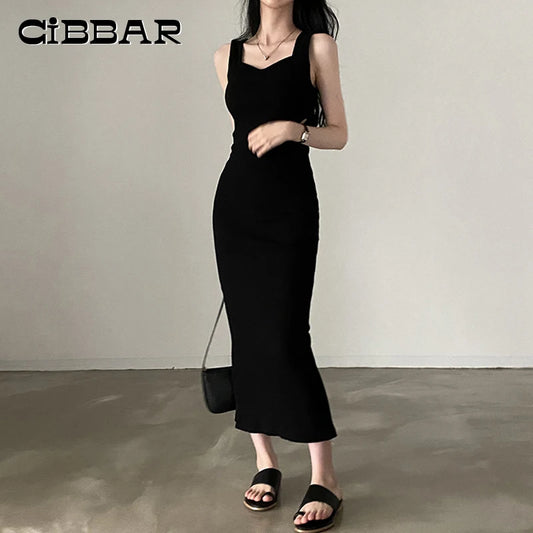 CIBBAR Basic Knit Long Dress Korean Fashion Square Collar Sleeveless Women's Dresses Summer Casual Y2k Vintage All-match Outfits